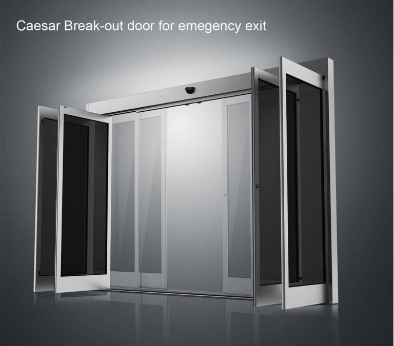 Automatic sliding breakout doors for emergency exit