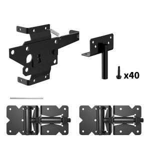 Self Locking Gate Latch and Gate Hinges Set Heavy Duty Hardware Hinges for Vinyl and Wood Fence with Installation Screws and Swing Adjuster Tool Heavy Duty 1 Gate Latch 2 Gate Hinge